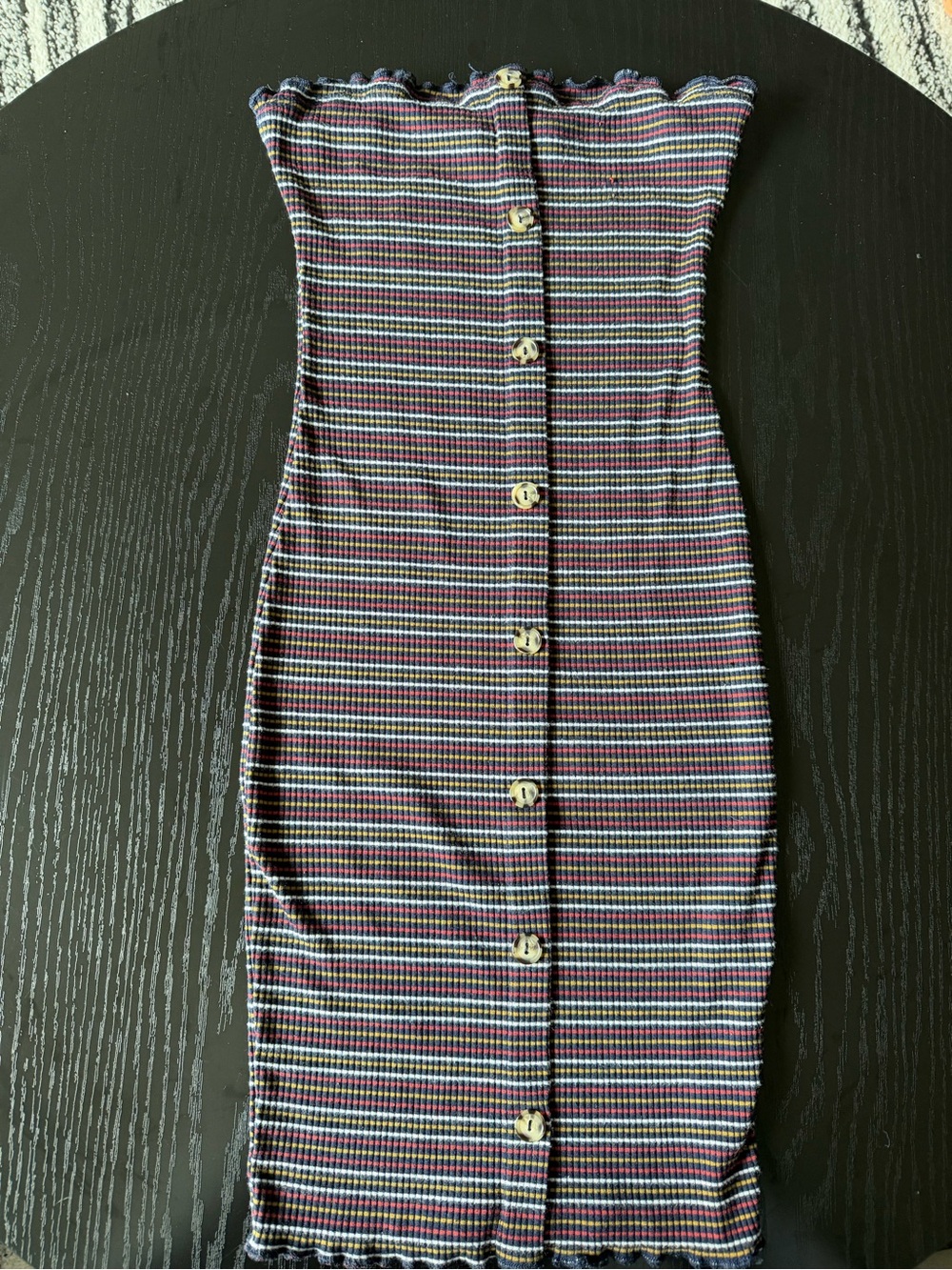 Striped Strapless Button-Front Bodycon Dress in Purple